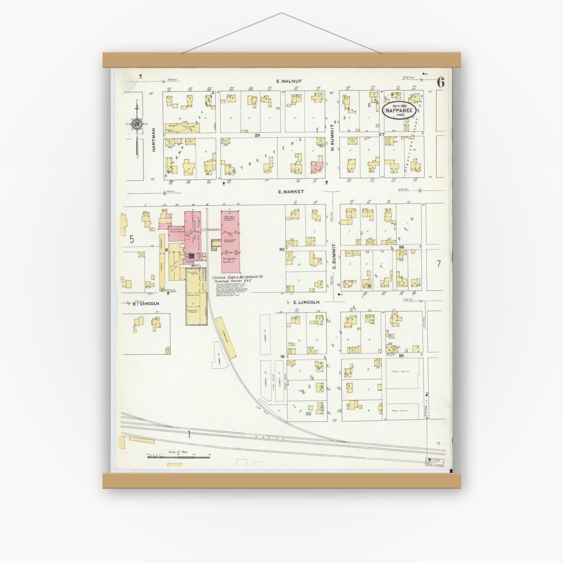 Old map wall art mockup — magnetic wood frame on white wall — Sanborn Fire Insurance Map from Nappanee, Elkhart County, Indiana (1910), Sheet #0006