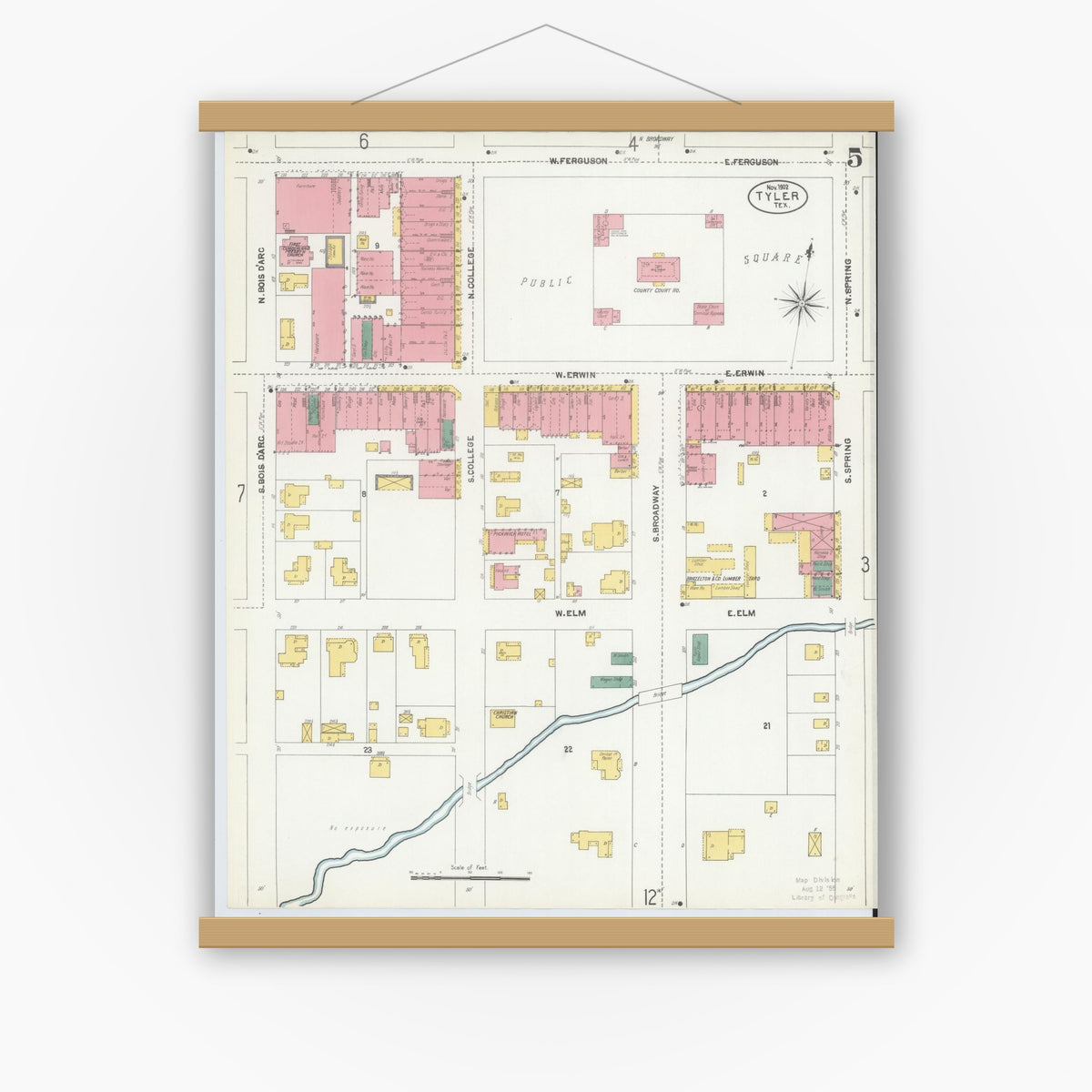 Old map wall art mockup — magnetic wood frame on white wall — Sanborn Fire Insurance Map from Tyler, Smith County, Texas (1902), Sheet #0005
