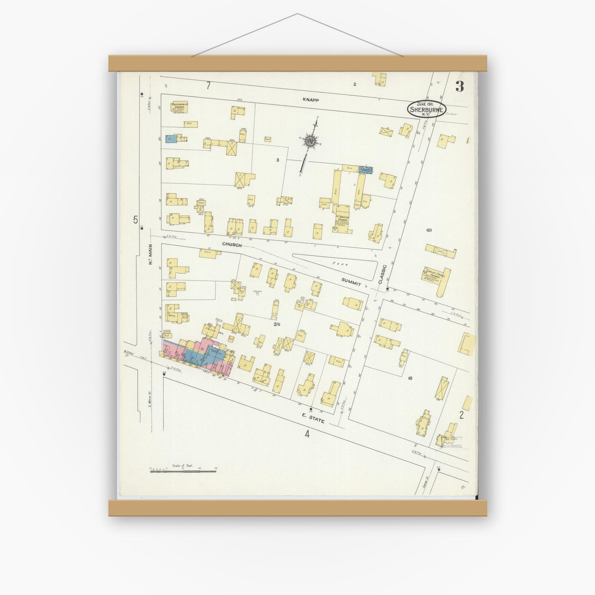 Old map wall art mockup — magnetic wood frame on white wall — Sanborn Fire Insurance Map from Sherburne, Chenango County, New York (1911), Sheet #0003