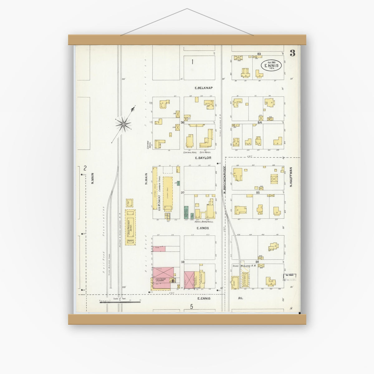 Old map wall art mockup — magnetic wood frame on white wall — Sanborn Fire Insurance Map from Ennis, Ellis County, Texas (1901), Sheet #0003