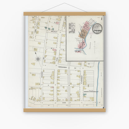 Old map wall art mockup — magnetic wood frame on white wall — Sanborn Fire Insurance Map from Duncannon, Perry County, Pennsylvania (1888), Sheet #0001