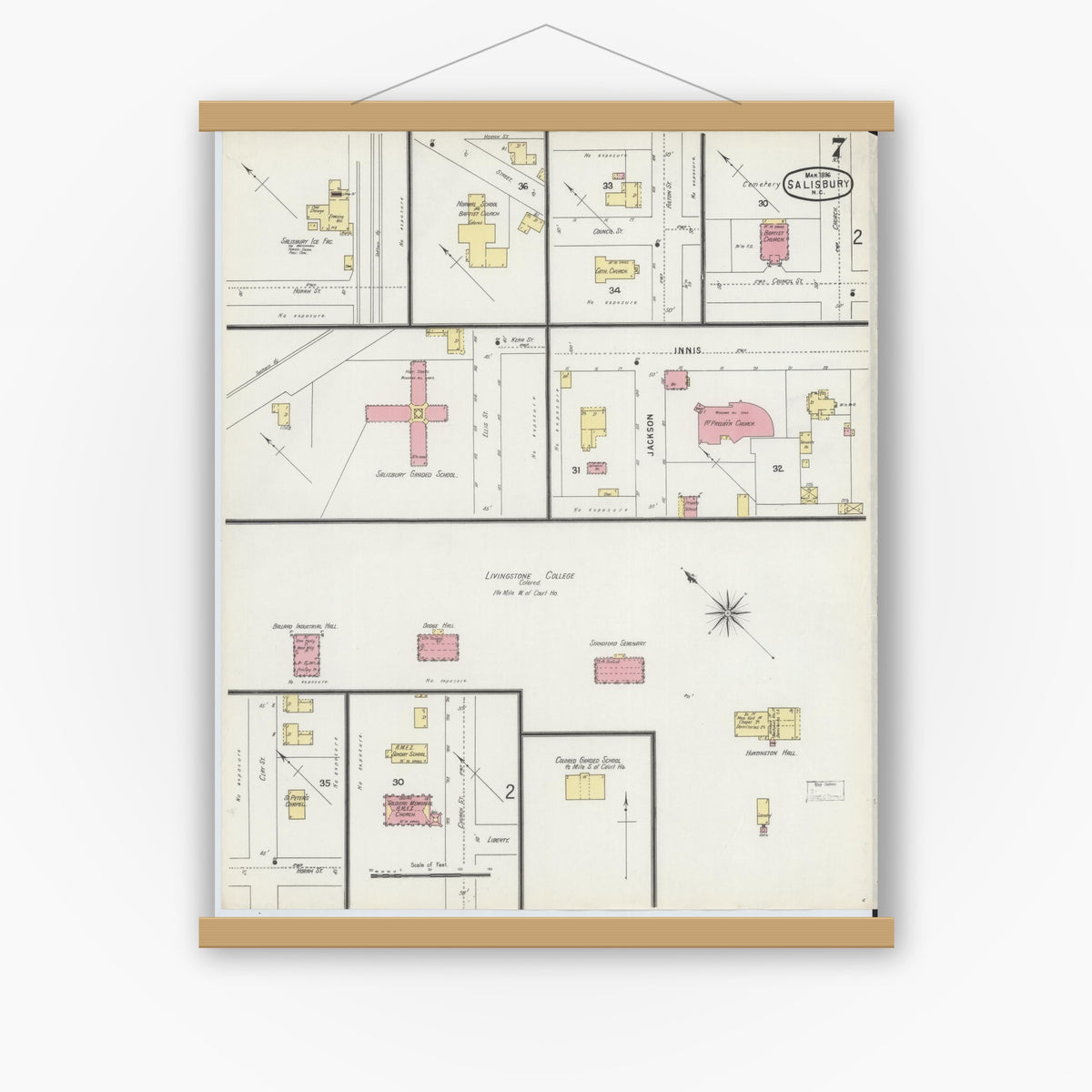 Old map wall art mockup — magnetic wood frame on white wall — Sanborn Fire Insurance Map from Salisbury, Rowan County, North Carolina (1896), Sheet #0007