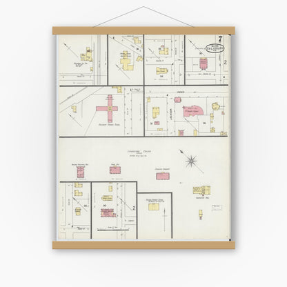 Old map wall art mockup — magnetic wood frame on white wall — Sanborn Fire Insurance Map from Salisbury, Rowan County, North Carolina (1896), Sheet #0007