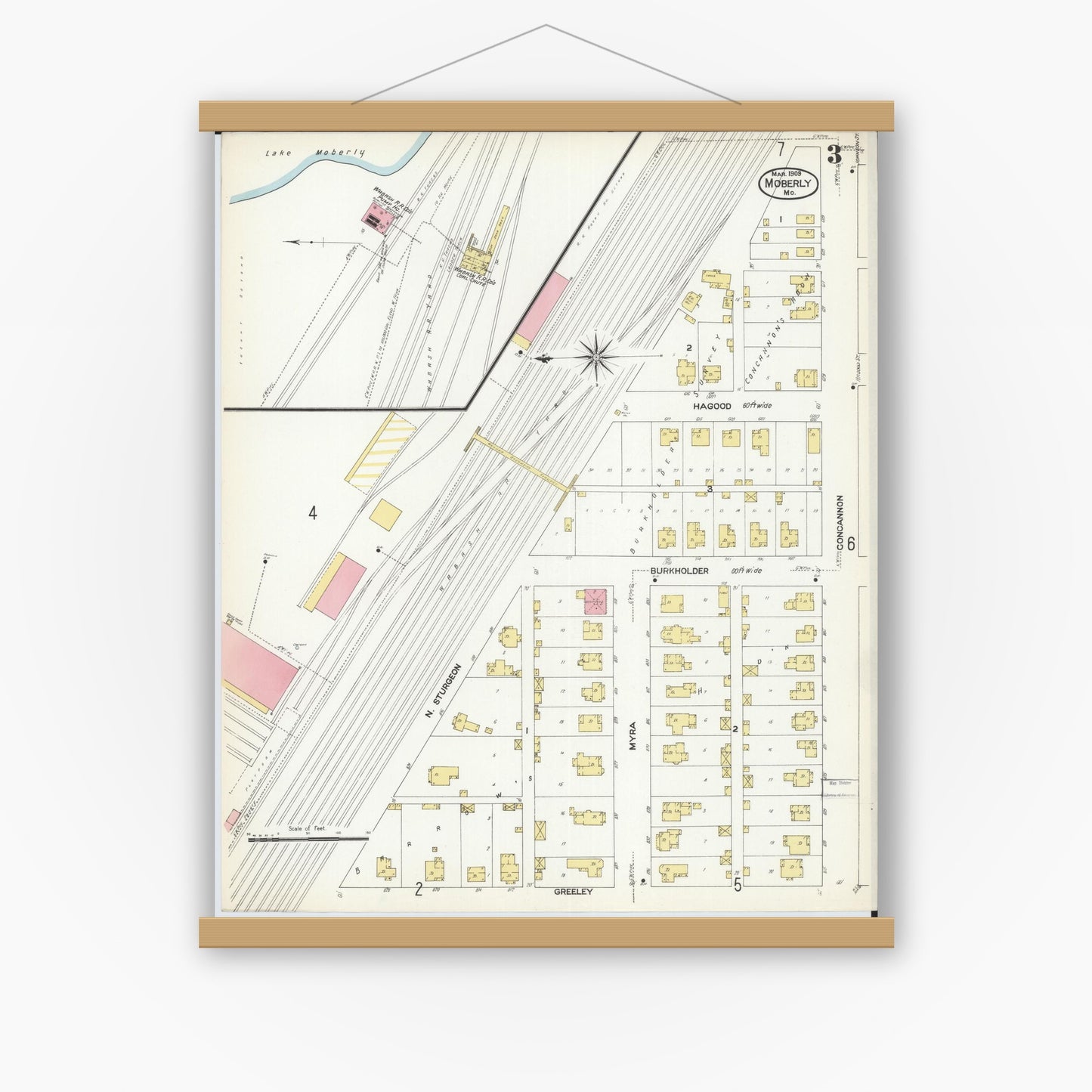 Old map wall art mockup — magnetic wood frame on white wall — Sanborn Fire Insurance Map from Moberly, Randolph County, Missouri (1909), Sheet #0003