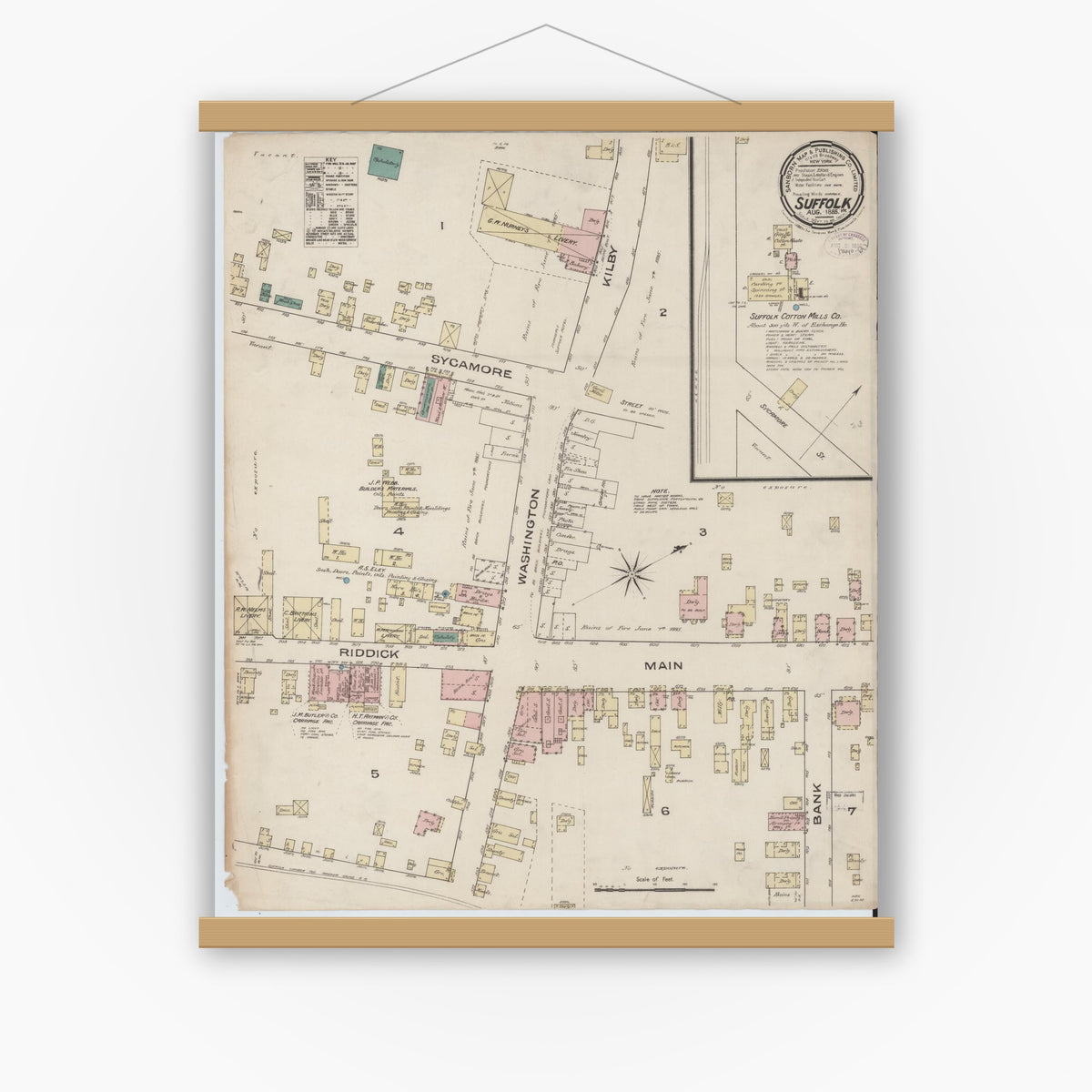 Old map wall art mockup — magnetic wood frame on white wall — Sanborn Fire Insurance Map from Suffolk, Independent Cities, Virginia (1885), Sheet #0001