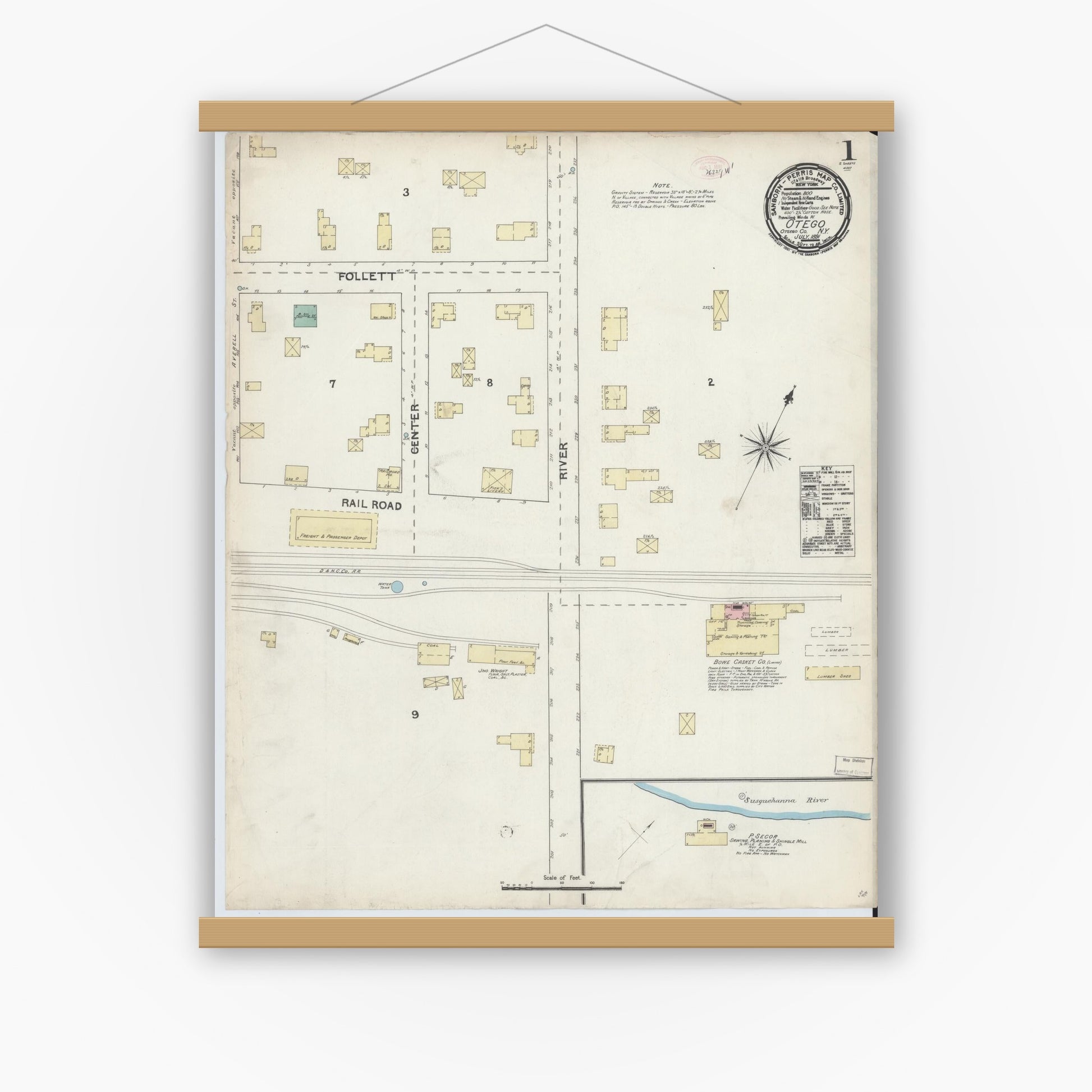 Old map wall art mockup — magnetic wood frame on white wall — Sanborn Fire Insurance Map from Otego, Otsego County, New York (1891), Sheet #0001