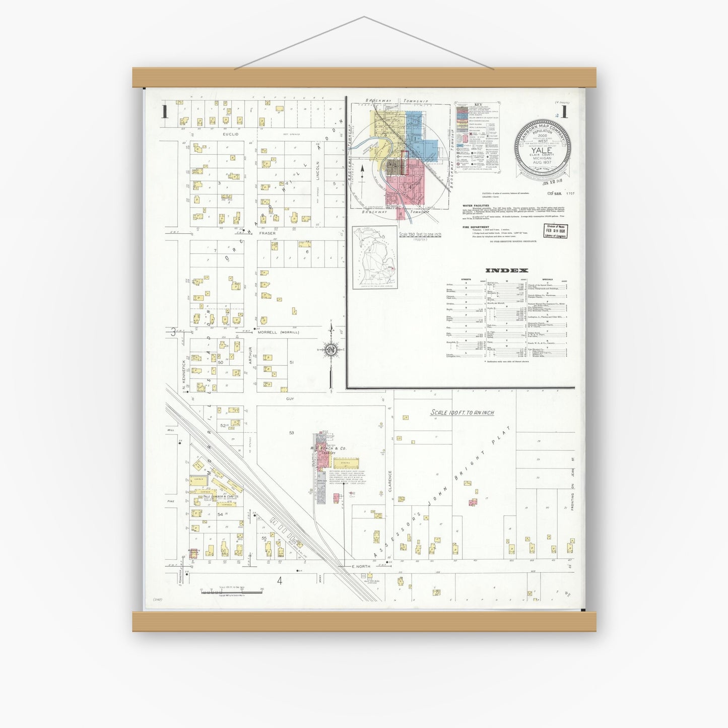 Old map wall art mockup — magnetic wood frame on white wall — Sanborn Fire Insurance Map from Yale, Saint Clair County, Michigan (1937), Sheet #0001