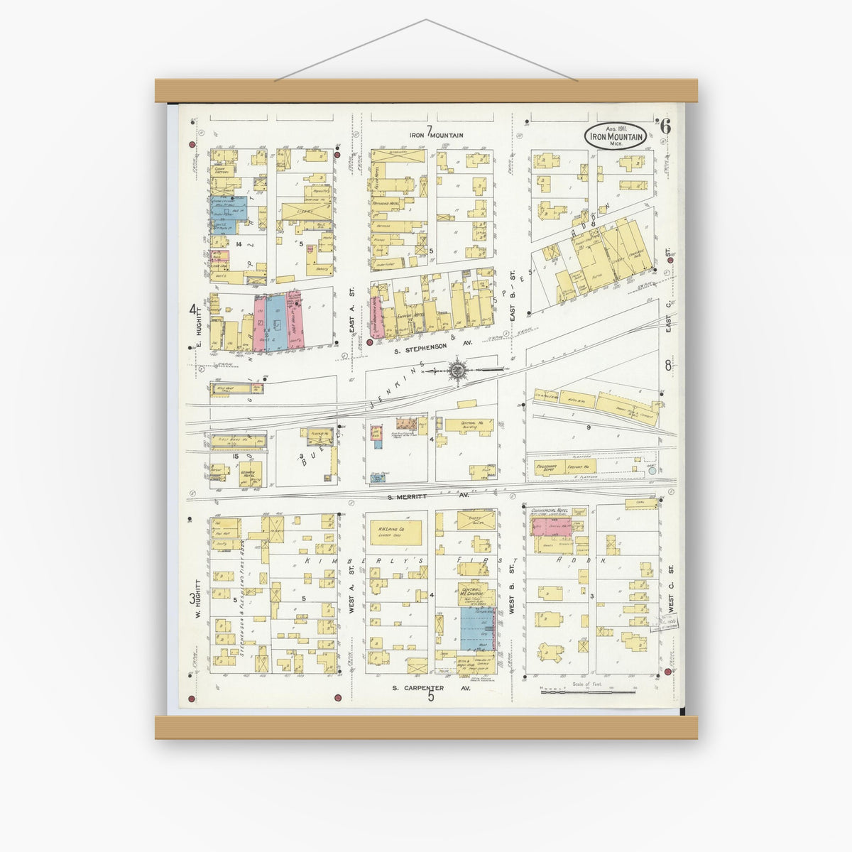 Old map wall art mockup — magnetic wood frame on white wall — Sanborn Fire Insurance Map from Iron Mountain, Dickinson County, Michigan (1911), Sheet #0006