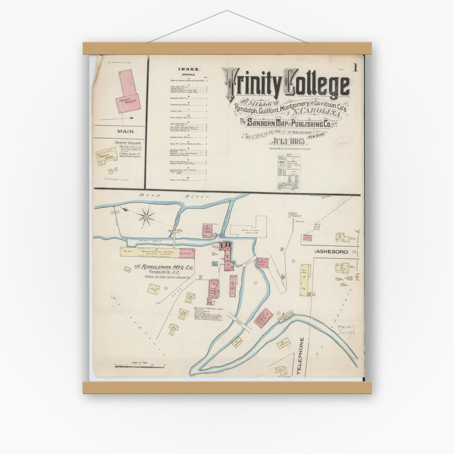 Old map wall art mockup — magnetic wood frame on white wall — Sanborn Fire Insurance Map from Trinity College, Randolph County, North Carolina (1885) - Complete Map Set