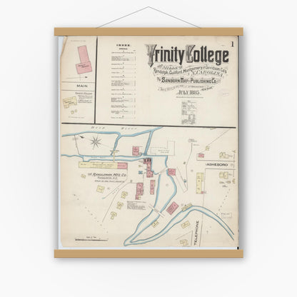 Old map wall art mockup — magnetic wood frame on white wall — Sanborn Fire Insurance Map from Trinity College, Randolph County, North Carolina (1885) - Complete Map Set