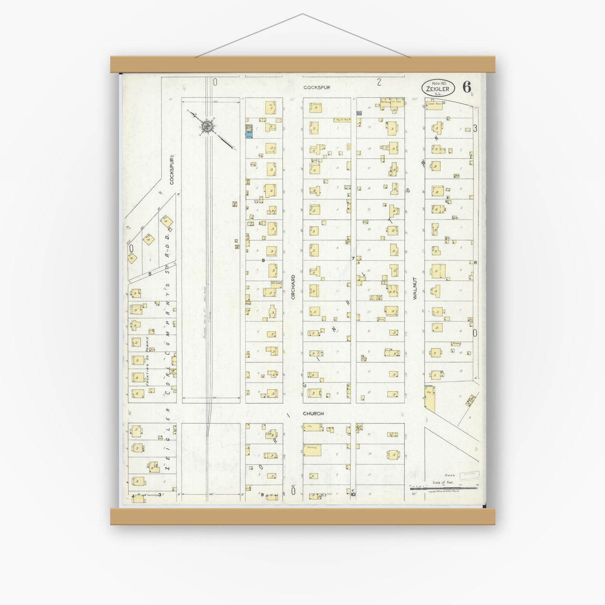 Old map wall art mockup — magnetic wood frame on white wall — Sanborn Fire Insurance Map from Zeigler, Franklin County, Illinois (1921), Sheet #0006