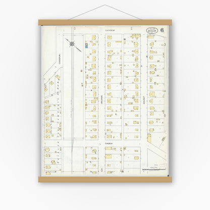 Old map wall art mockup — magnetic wood frame on white wall — Sanborn Fire Insurance Map from Zeigler, Franklin County, Illinois (1921), Sheet #0006