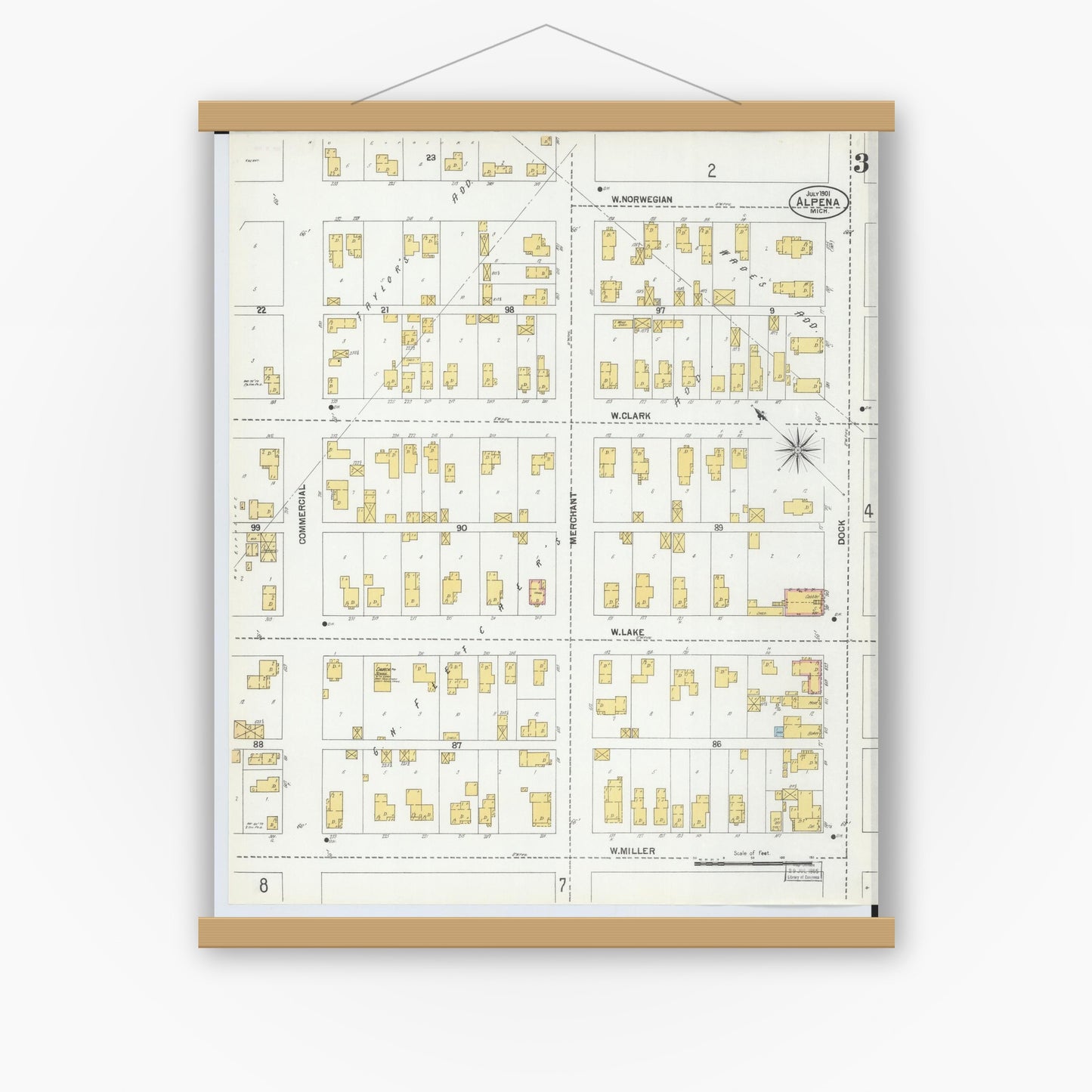 Old map wall art mockup — magnetic wood frame on white wall — Sanborn Fire Insurance Map from Alpena, Alpena County, Michigan (1901), Sheet #0003