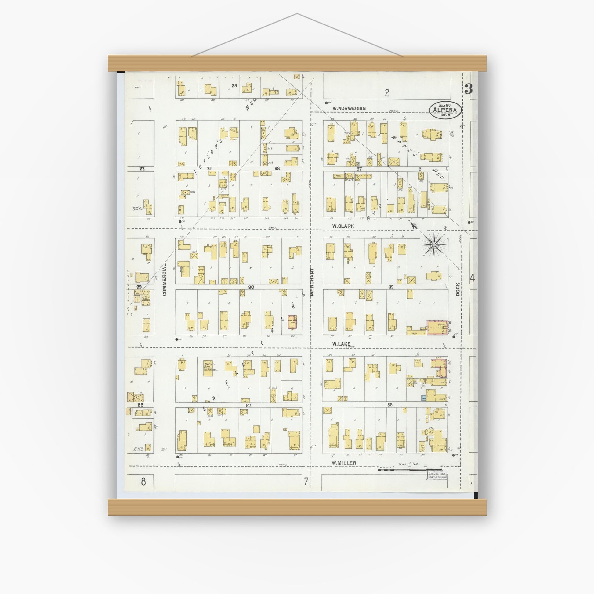 Old map wall art mockup — magnetic wood frame on white wall — Sanborn Fire Insurance Map from Alpena, Alpena County, Michigan (1901), Sheet #0003