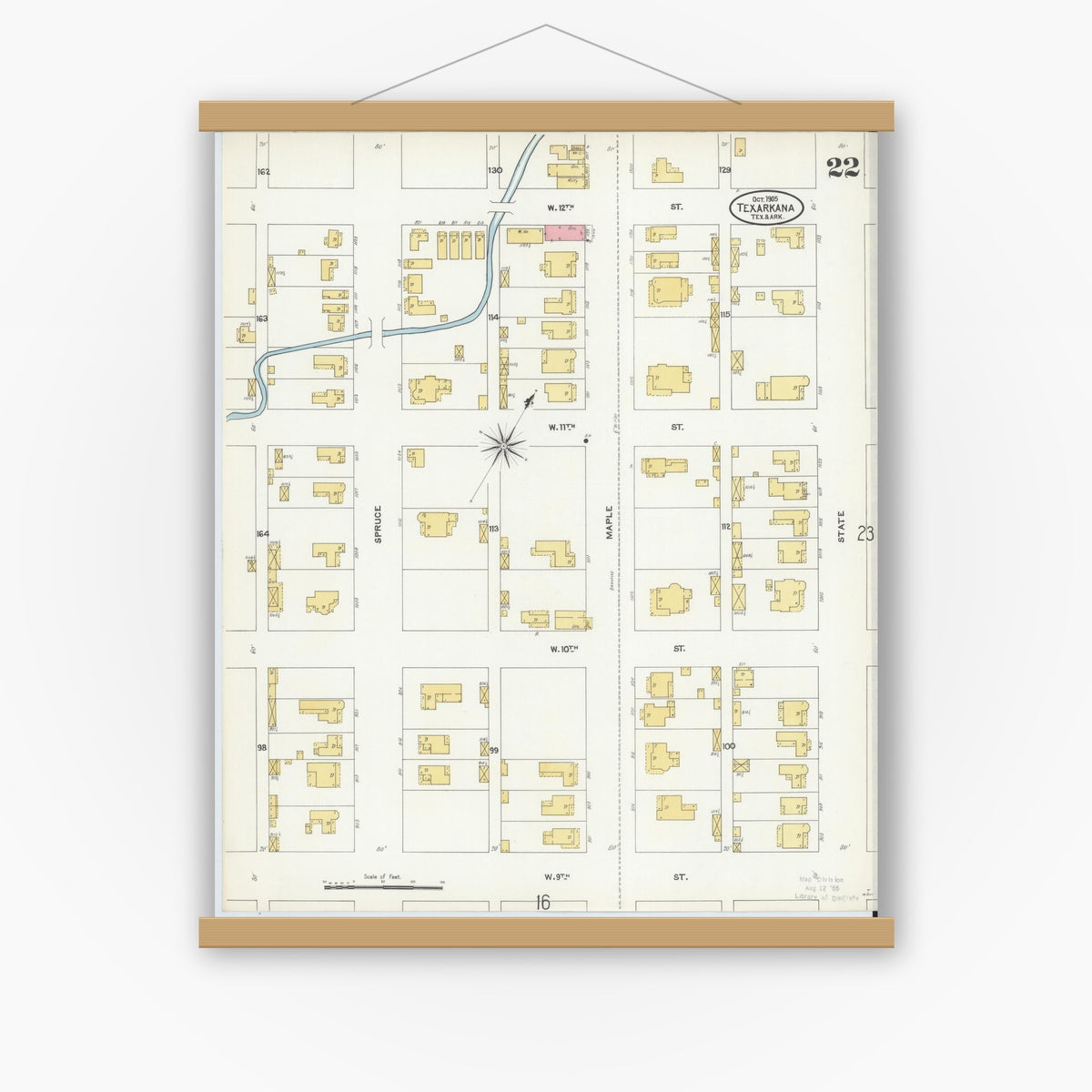 Old map wall art mockup — magnetic wood frame on white wall — Sanborn Fire Insurance Map from Texarkana, Bowie County, Texas (1905), Sheet #0022