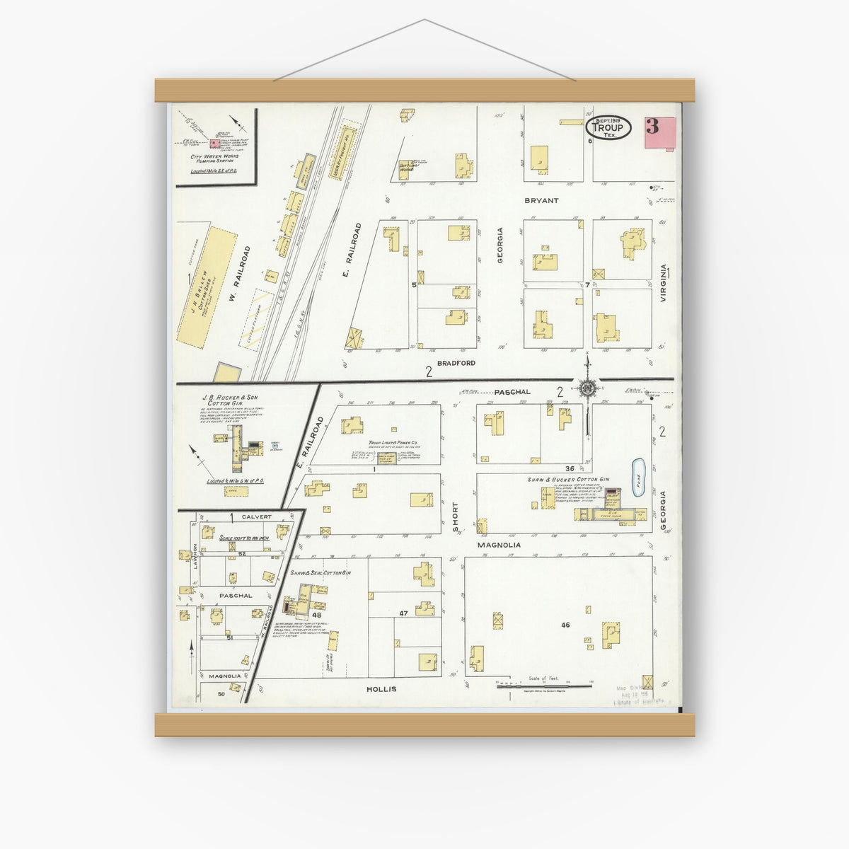 Old map wall art mockup — magnetic wood frame on white wall — Sanborn Fire Insurance Map from Troup, Smith County, Texas (1919), Sheet #0003