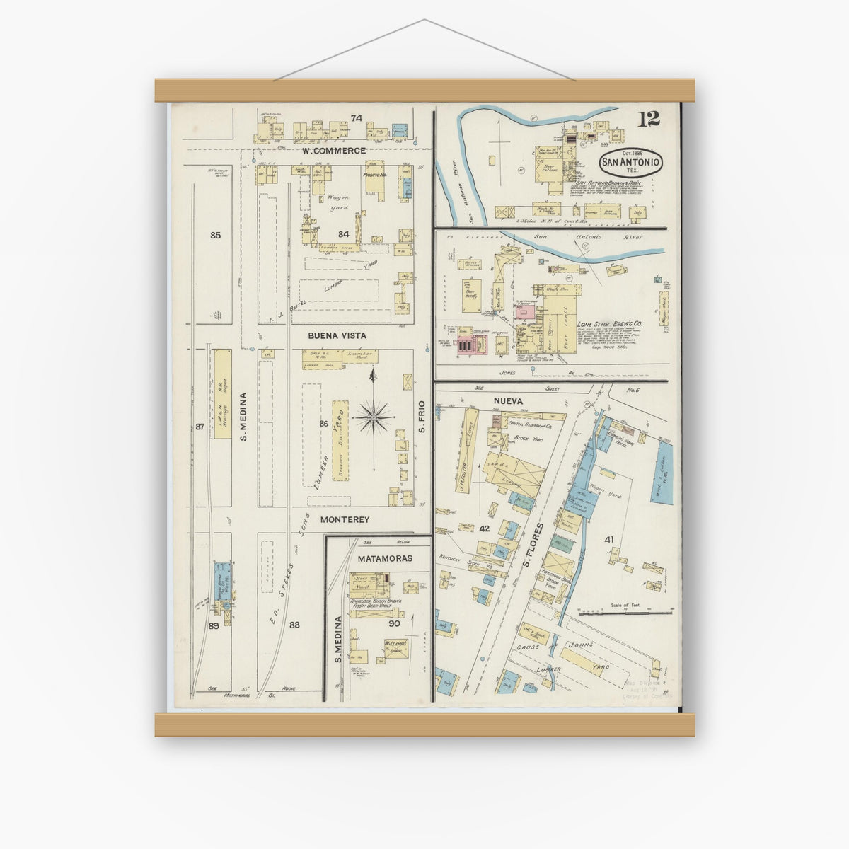 Old map wall art mockup — magnetic wood frame on white wall — Sanborn Fire Insurance Map from San Antonio, Bexar County, Texas (1888), Sheet #0012