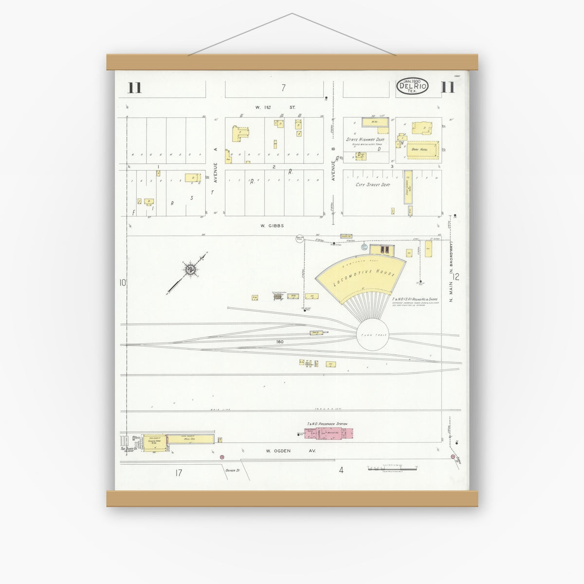 Old map wall art mockup — magnetic wood frame on white wall — Sanborn Fire Insurance Map from Del Rio, Val Verde County, Texas (1930), Sheet #0011