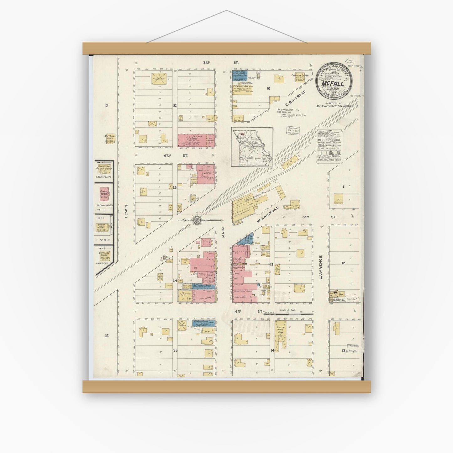 Old map wall art mockup — magnetic wood frame on white wall — Sanborn Fire Insurance Map from Mcfall, Gentry County, Missouri (1917), Sheet #0001