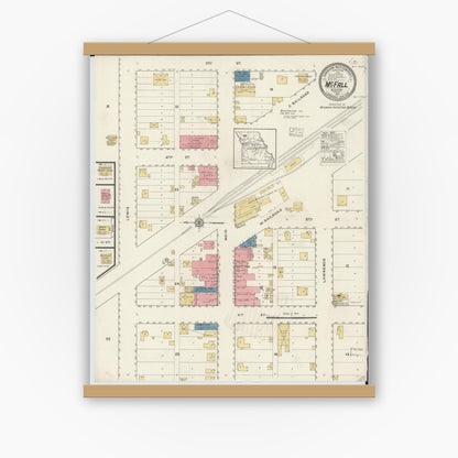 Old map wall art mockup — magnetic wood frame on white wall — Sanborn Fire Insurance Map from Mcfall, Gentry County, Missouri (1917), Sheet #0001
