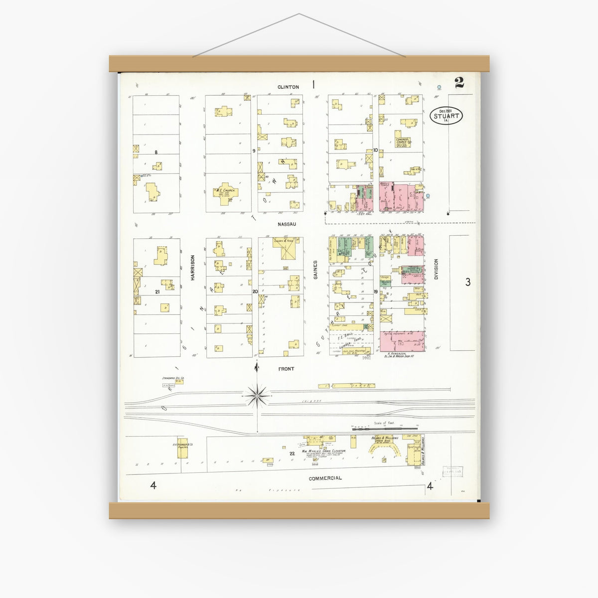 Old map wall art mockup — magnetic wood frame on white wall — Sanborn Fire Insurance Map from Stuart, Guthrie and Adair Counties, Iowa (1901), Sheet #0002
