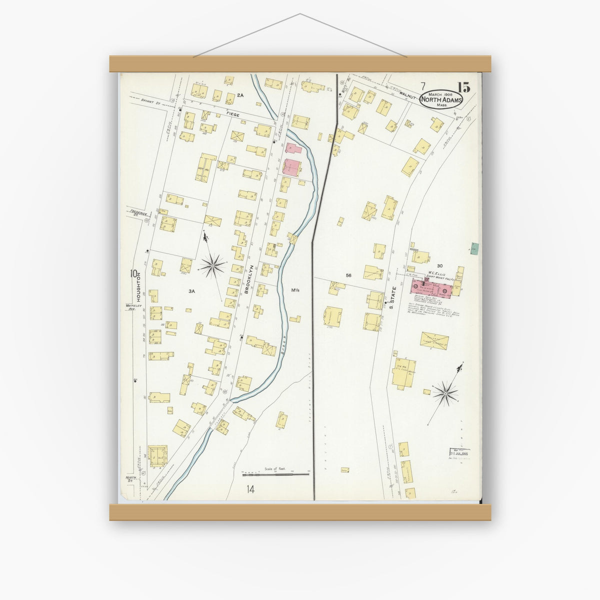 Old map wall art mockup — magnetic wood frame on white wall — Sanborn Fire Insurance Map from North Adams, Berkshire County, Massachusetts (1908), Sheet #0015