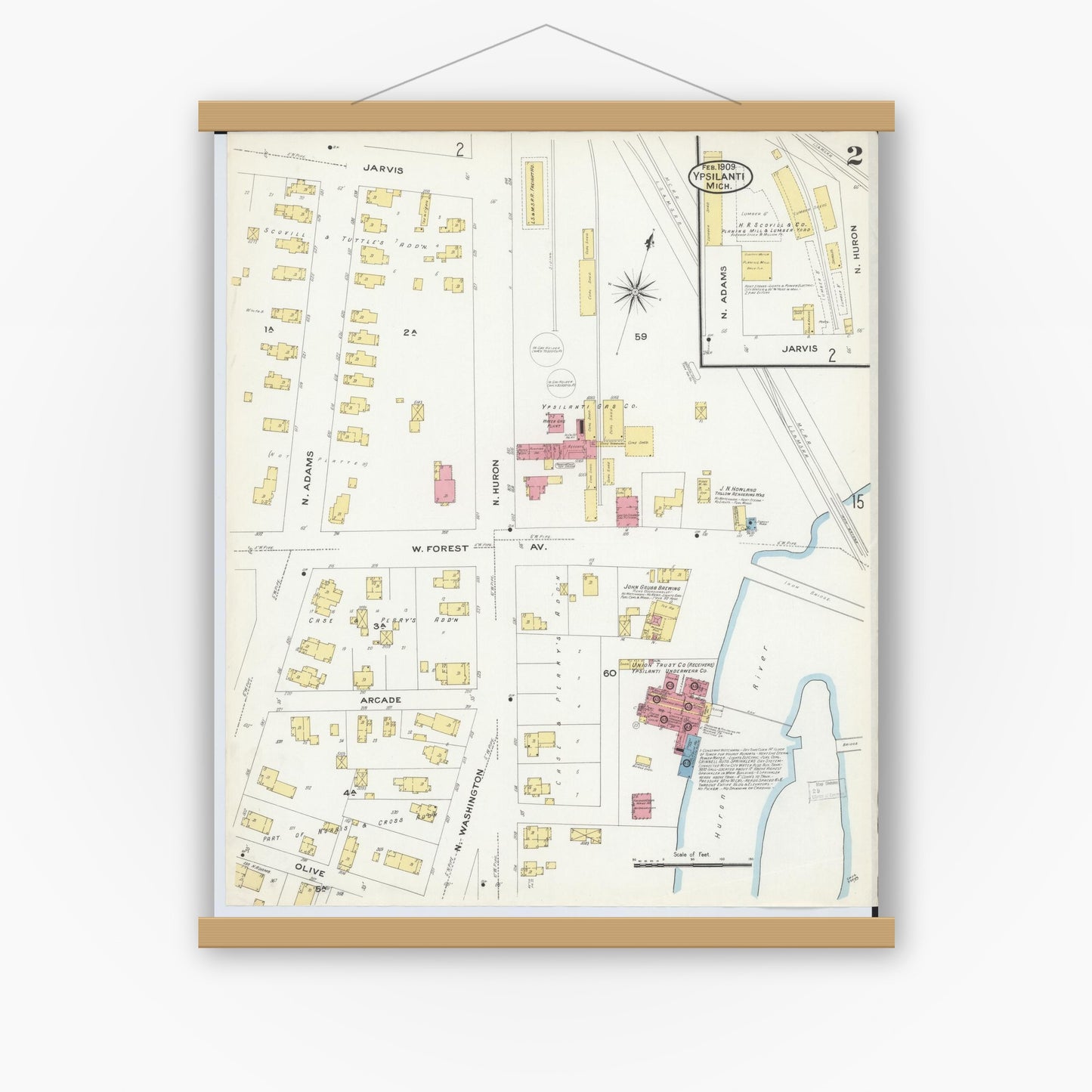 Old map wall art mockup — magnetic wood frame on white wall — Sanborn Fire Insurance Map from Ypsilanti, Washtenaw County, Michigan (1909), Sheet #0002