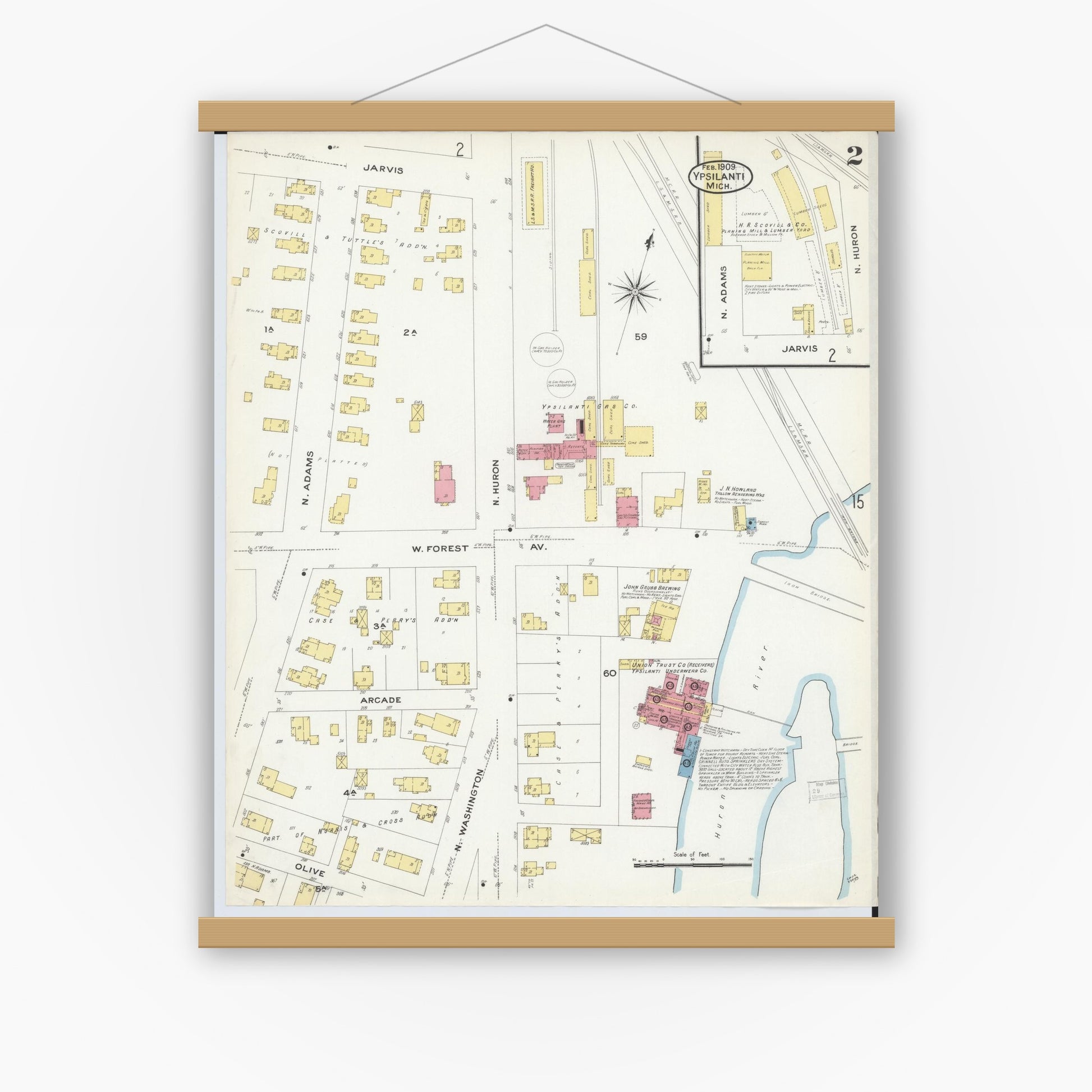 Old map wall art mockup — magnetic wood frame on white wall — Sanborn Fire Insurance Map from Ypsilanti, Washtenaw County, Michigan (1909), Sheet #0002