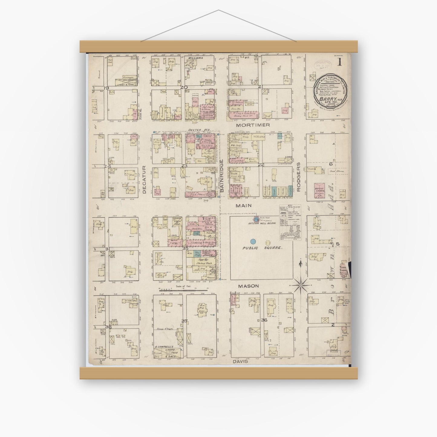 Old map wall art mockup — magnetic wood frame on white wall — Sanborn Fire Insurance Map from Barry, Pike County, Illinois (1885), Sheet #0001