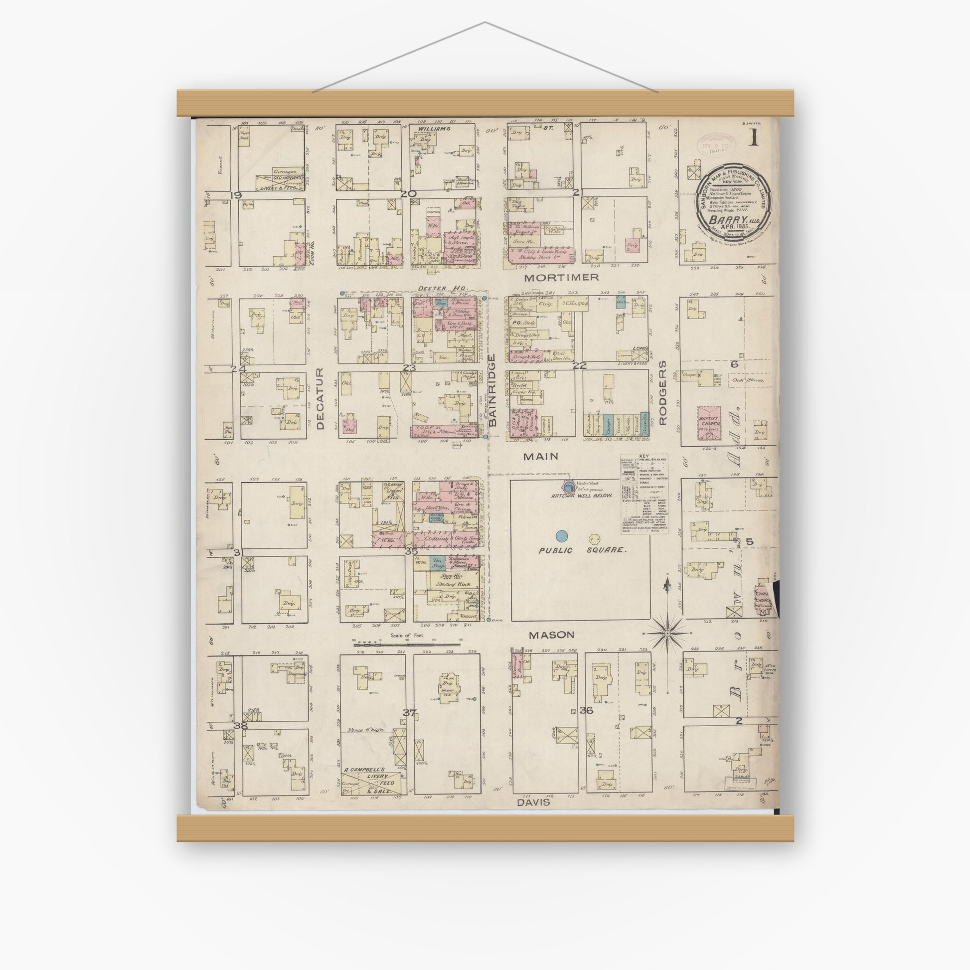 Old map wall art mockup — magnetic wood frame on white wall — Sanborn Fire Insurance Map from Barry, Pike County, Illinois (1885), Sheet #0001