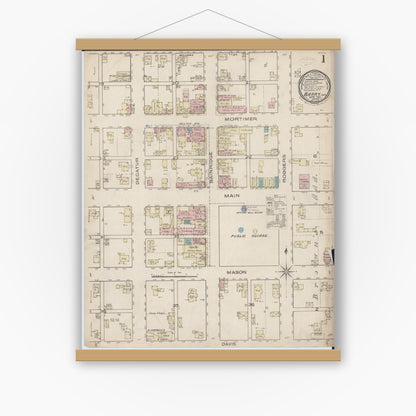 Old map wall art mockup — magnetic wood frame on white wall — Sanborn Fire Insurance Map from Barry, Pike County, Illinois (1885), Sheet #0001