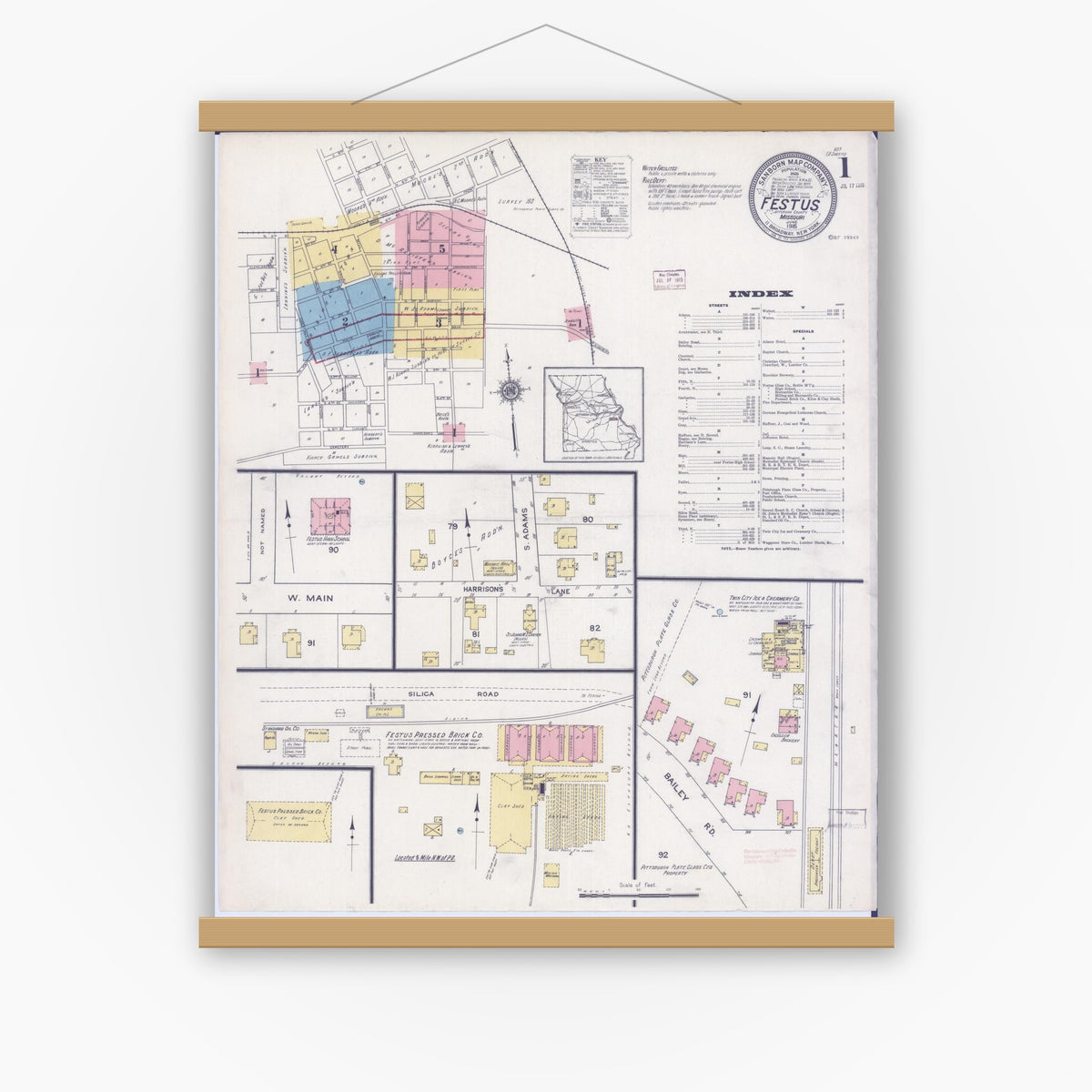 Old map wall art mockup — magnetic wood frame on white wall — Sanborn Fire Insurance Map from Festus, Jefferson County, Missouri (1915) - Complete Map Set