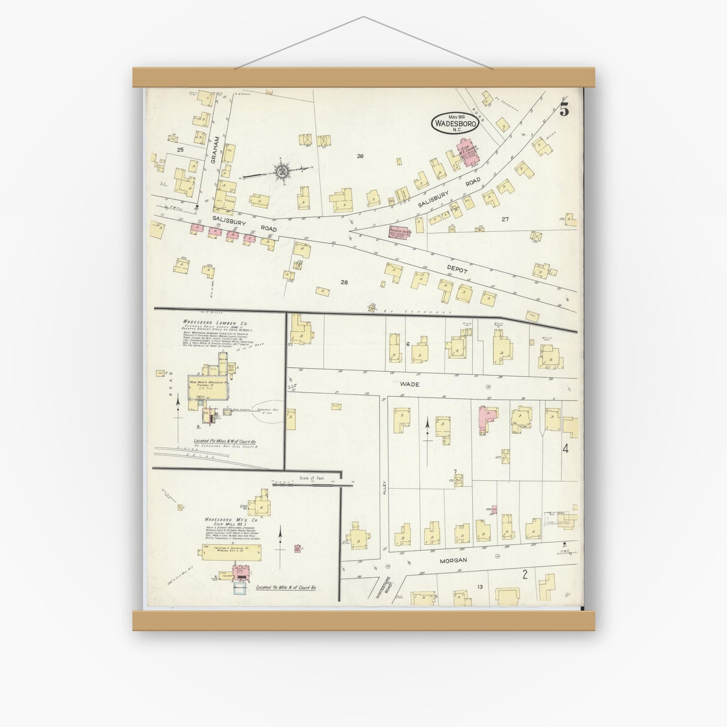 Old map wall art mockup — magnetic wood frame on white wall — Sanborn Fire Insurance Map from Wadesboro, Anson County, North Carolina (1914), Sheet #0005