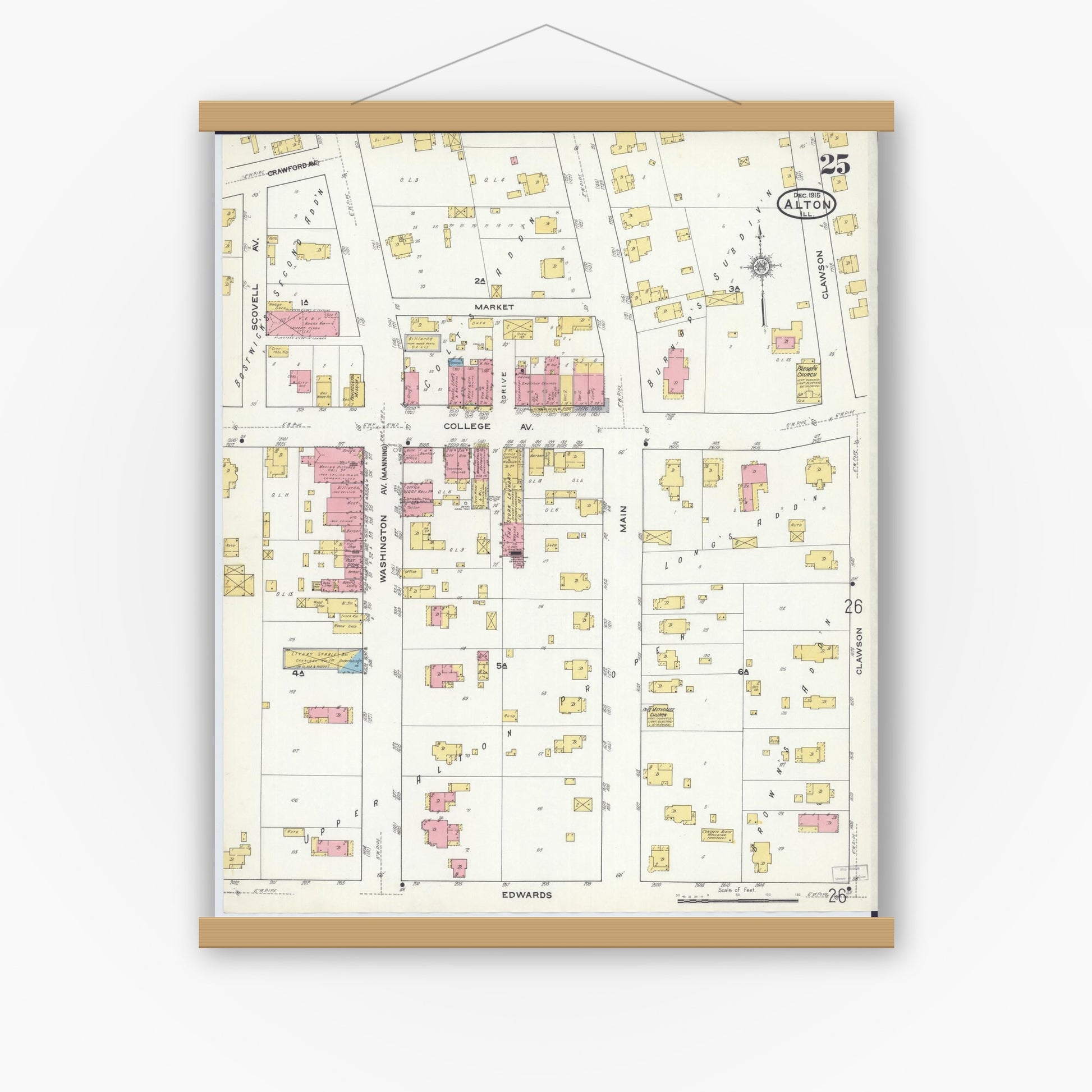 Old map wall art mockup — magnetic wood frame on white wall — Sanborn Fire Insurance Map from Alton, Madison County, Illinois (1915), Sheet #0025