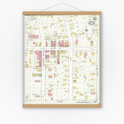 Old map wall art mockup — magnetic wood frame on white wall — Sanborn Fire Insurance Map from Alton, Madison County, Illinois (1915), Sheet #0025