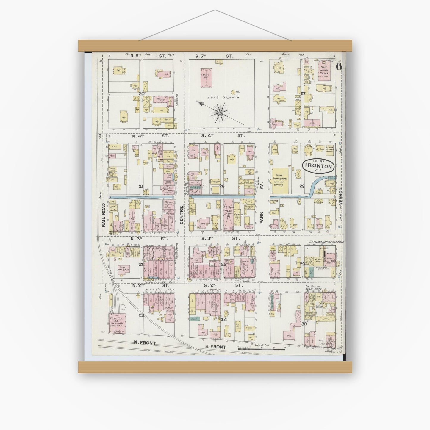 Old map wall art mockup — magnetic wood frame on white wall — Sanborn Fire Insurance Map from Ironton, Lawrence County, Ohio (1889), Sheet #0006