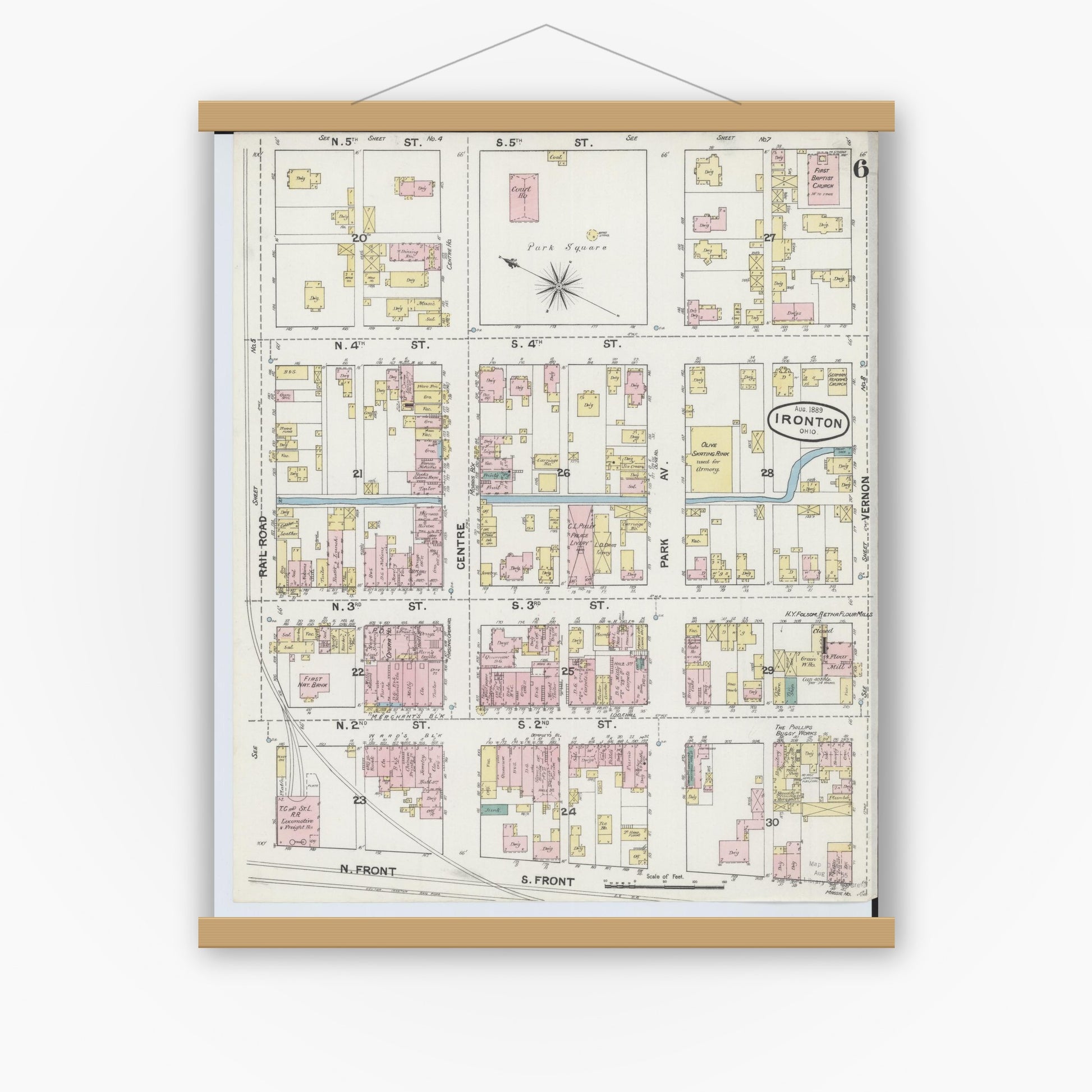 Old map wall art mockup — magnetic wood frame on white wall — Sanborn Fire Insurance Map from Ironton, Lawrence County, Ohio (1889), Sheet #0006