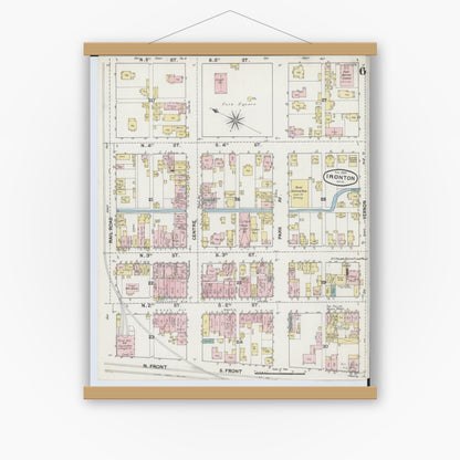 Old map wall art mockup — magnetic wood frame on white wall — Sanborn Fire Insurance Map from Ironton, Lawrence County, Ohio (1889), Sheet #0006