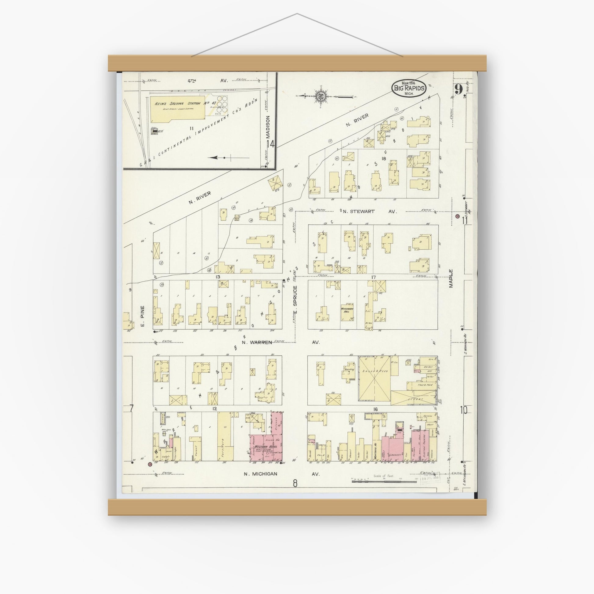 Old map wall art mockup — magnetic wood frame on white wall — Sanborn Fire Insurance Map from Big Rapids, Mecosta County, Michigan (1914), Sheet #0009