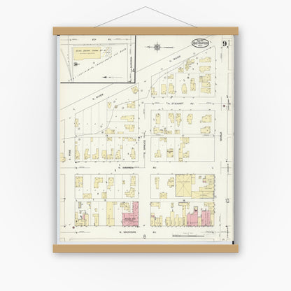 Old map wall art mockup — magnetic wood frame on white wall — Sanborn Fire Insurance Map from Big Rapids, Mecosta County, Michigan (1914), Sheet #0009