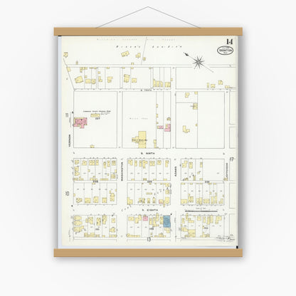 Old map wall art mockup — magnetic wood frame on white wall — Sanborn Fire Insurance Map from Ironton, Lawrence County, Ohio (1909), Sheet #0014