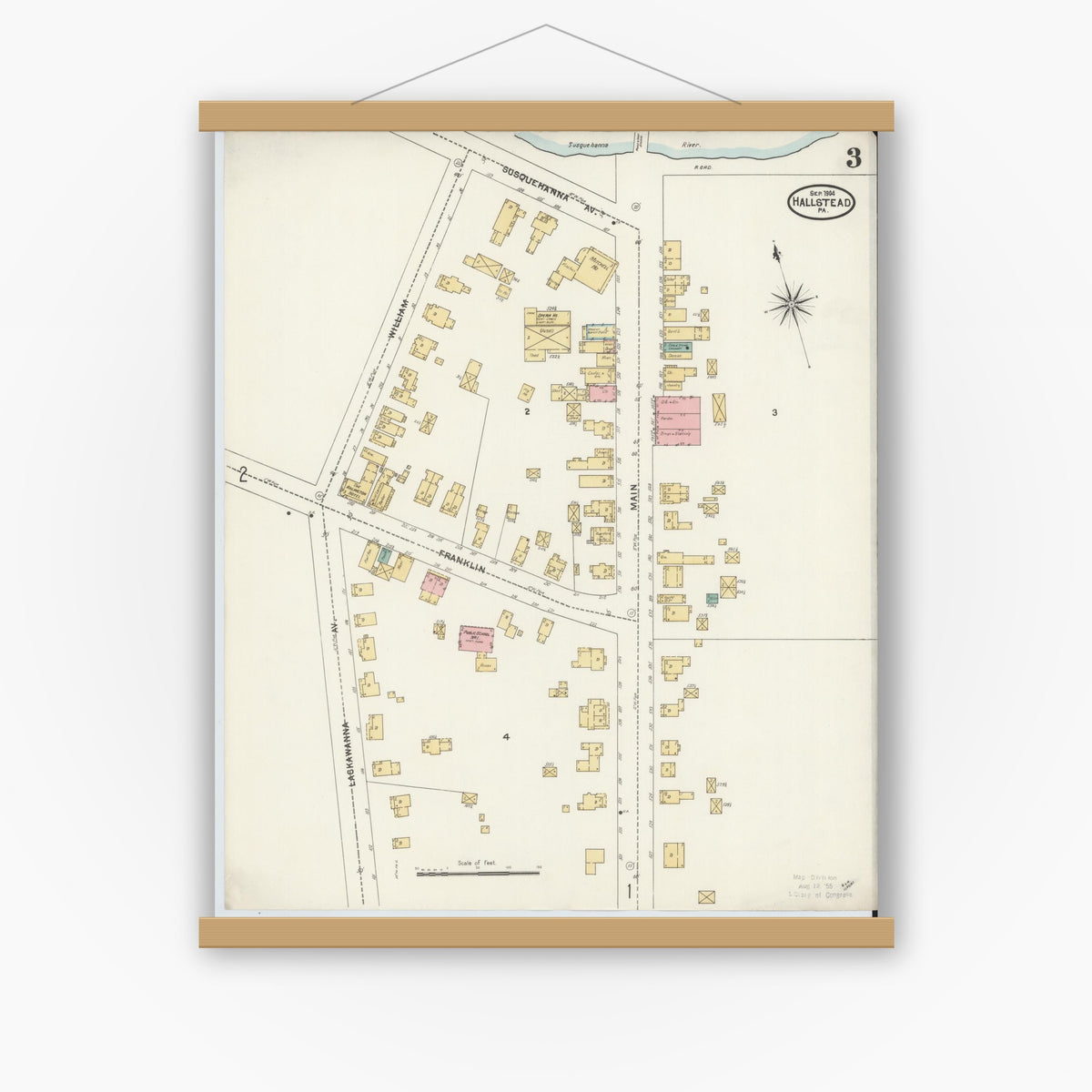 Old map wall art mockup — magnetic wood frame on white wall — Sanborn Fire Insurance Map from Hallstead, Susquehanna County, Pennsylvania (1904), Sheet #0003