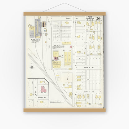 Old map wall art mockup — magnetic wood frame on white wall — Sanborn Fire Insurance Map from Elwood, Madison County, Indiana (1910), Sheet #0020