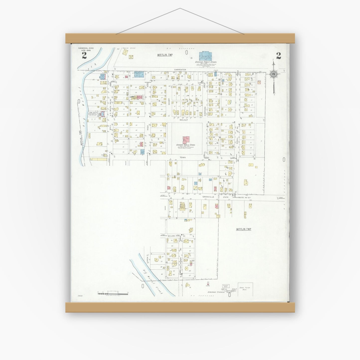 Old map wall art mockup — magnetic wood frame on white wall — Sanborn Fire Insurance Map from Gahanna, Franklin County, Ohio (1946), Sheet #0002