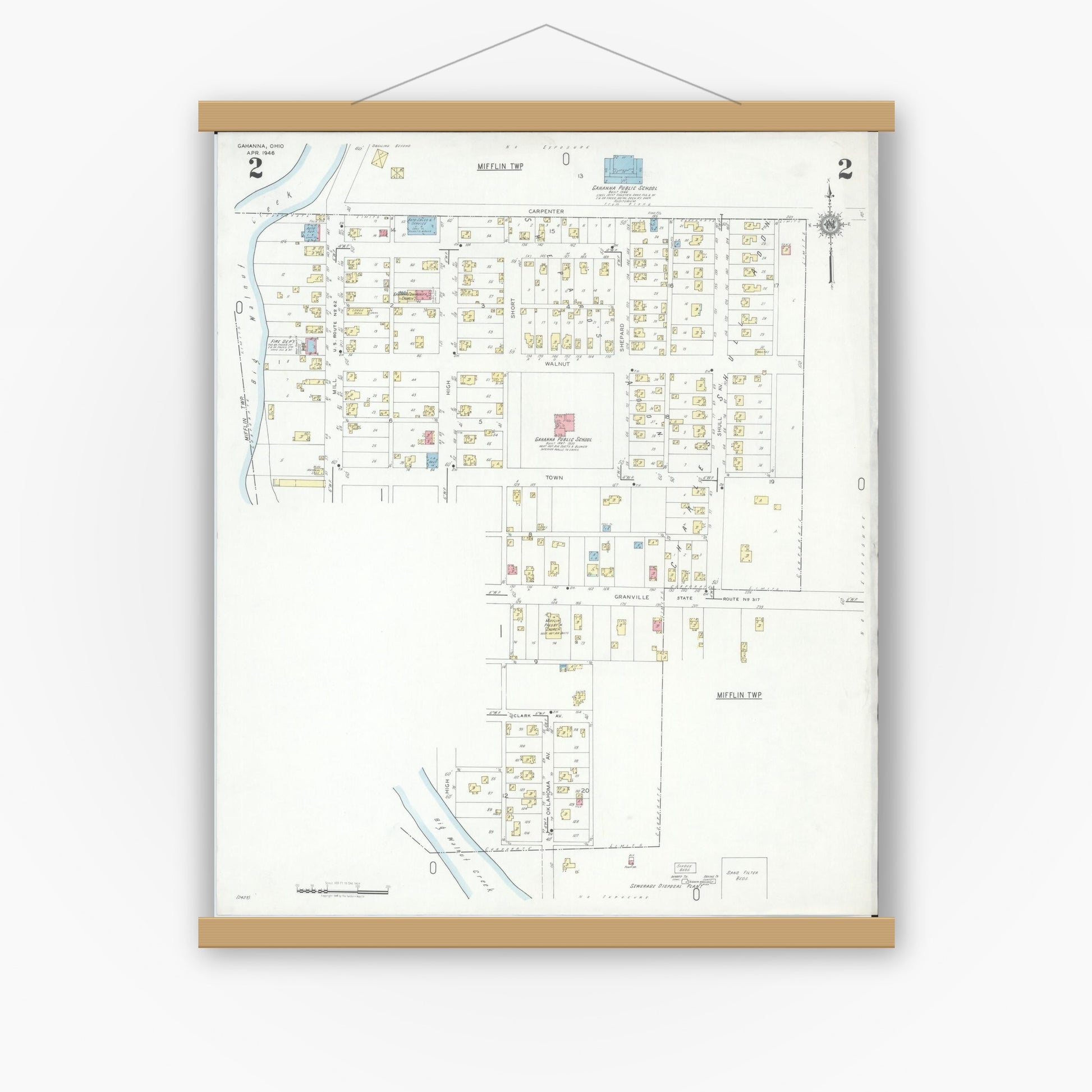 Old map wall art mockup — magnetic wood frame on white wall — Sanborn Fire Insurance Map from Gahanna, Franklin County, Ohio (1946), Sheet #0002