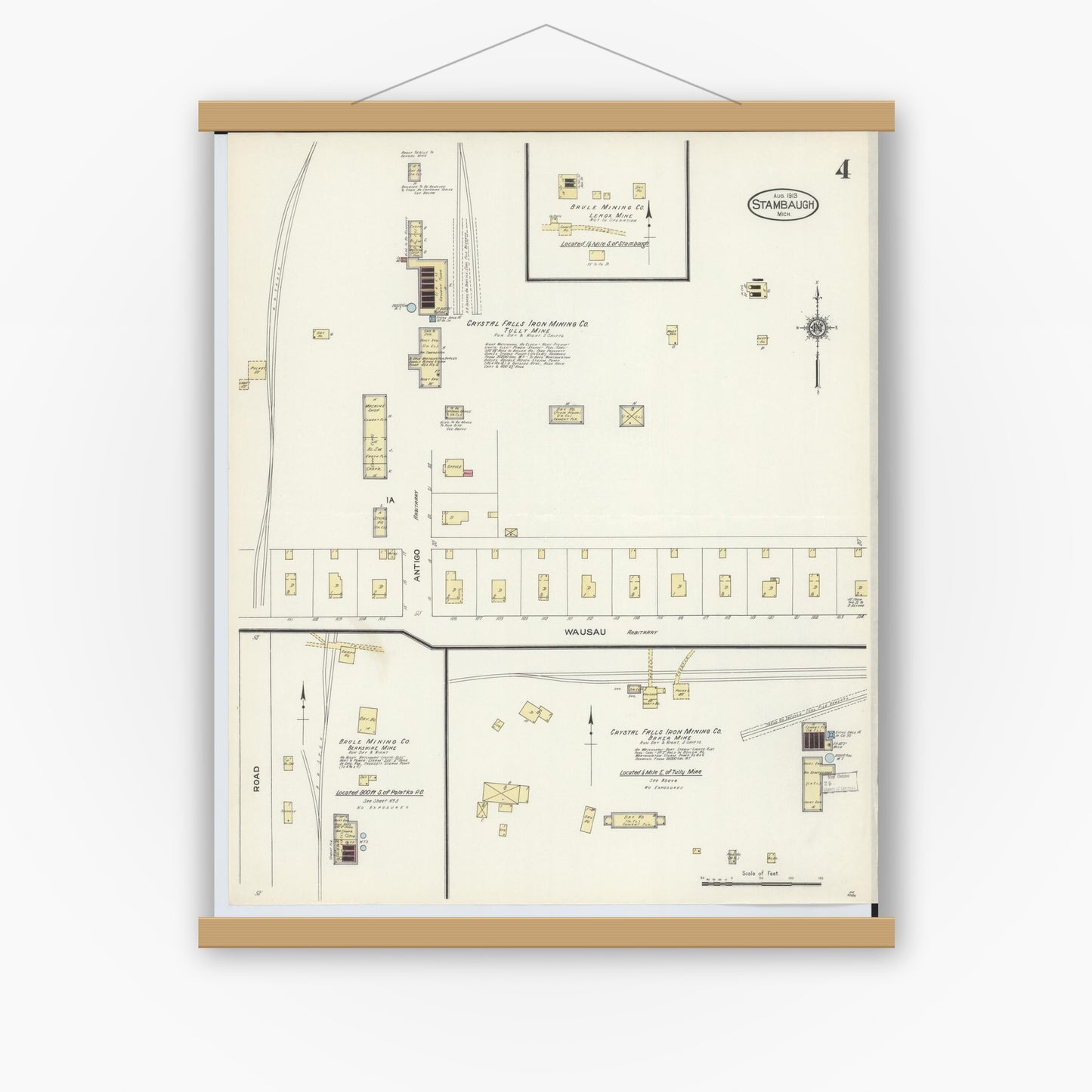 Old map wall art mockup — magnetic wood frame on white wall — Sanborn Fire Insurance Map from Stambaugh, Iron County, Michigan (1913), Sheet #0004