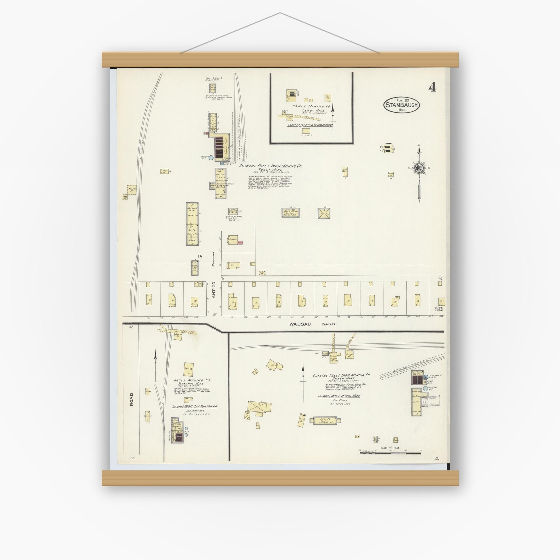 Old map wall art mockup — magnetic wood frame on white wall — Sanborn Fire Insurance Map from Stambaugh, Iron County, Michigan (1913), Sheet #0004