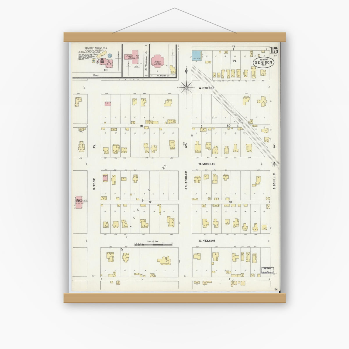 Old map wall art mockup — magnetic wood frame on white wall — Sanborn Fire Insurance Map from Denison, Grayson County, Texas (1897), Sheet #0015