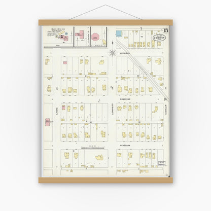 Old map wall art mockup — magnetic wood frame on white wall — Sanborn Fire Insurance Map from Denison, Grayson County, Texas (1897), Sheet #0015
