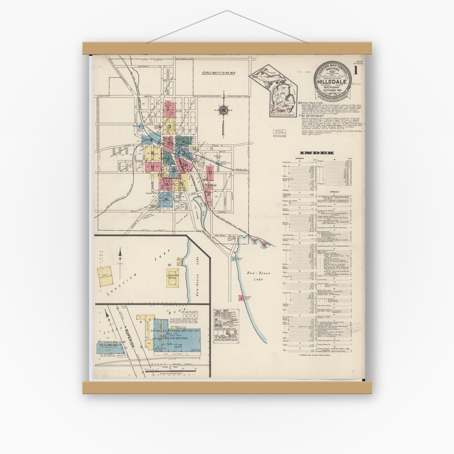 Old map wall art mockup — magnetic wood frame on white wall — Sanborn Fire Insurance Map from Hillsdale, Hillsdale County, Michigan (1922) - Complete Map Set